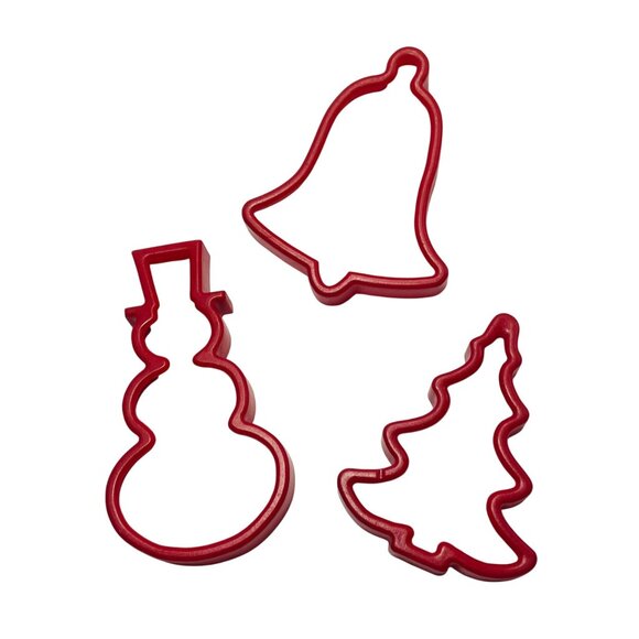 Red Christmas Cookie Cutters Snowman Tree & Bell Shapes Set Of 3  Vintage - Picture 2 of 6